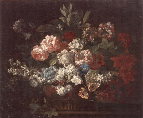 unknow artist Still life of various flowers,in a wicker basket,upon a stone ledge oil painting image